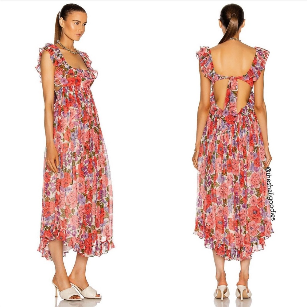 ZIMMERMANN Poppy Frill Edge Midi Dress Pink Floral Silk